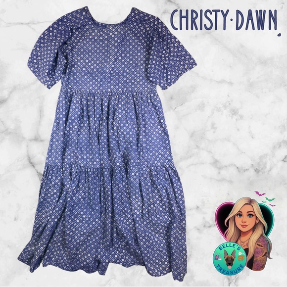 Christy Dawn Theo Dress Womens Small Blue Indigo Petunia Dot Midi Tiered Cottage - Picture 7 of 16